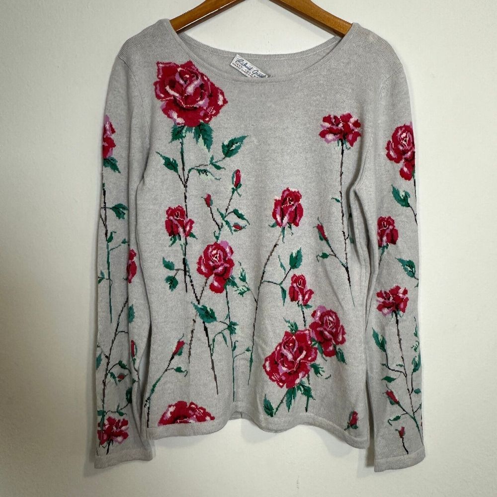 Richard Grand 100% Cashmere Sweater Womens S‎ Gray Knit Rose Flower Long Sleeve